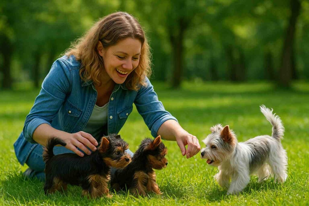 Yorkshire Terrier adulto y cachorro juntos, simbolizando crianza ética y variedad de color / Kennel Club Argentino