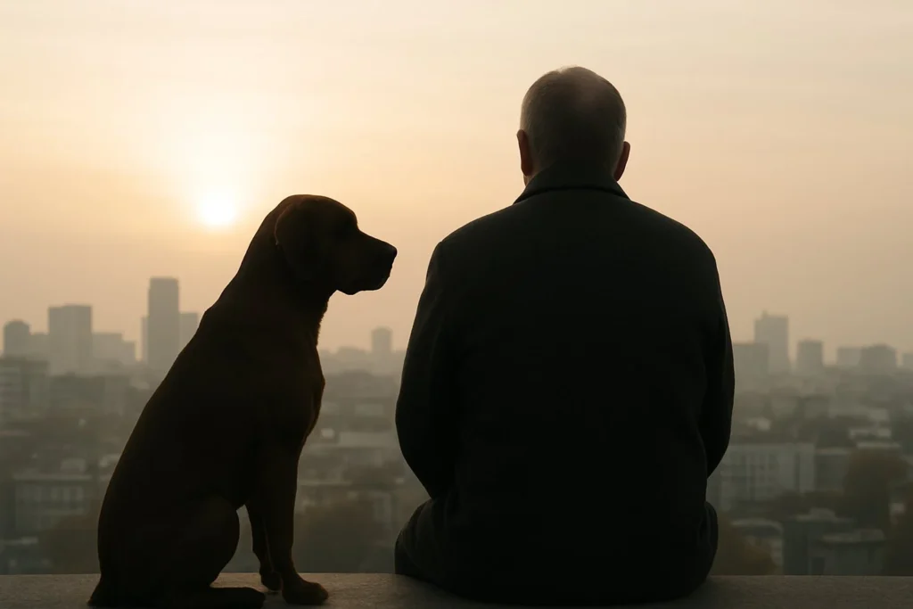 Persona y perro observando la ciudad, vínculo humano-animal en contexto social y legal