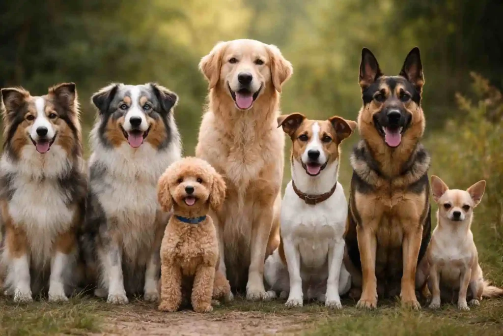 Diversidad de perros de distintas razas y un perro mestizo representando la biodiversidad canina / Prohibir la cría de perros: consecuencias científicas y culturales sobre razas y mestizos