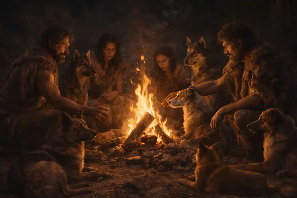 Escena de humanos prehistóricos conviviendo con perros en un proceso de domesticación temprana / Prohibir la cría de perros: consecuencias científicas y culturales sobre razas y mestizos