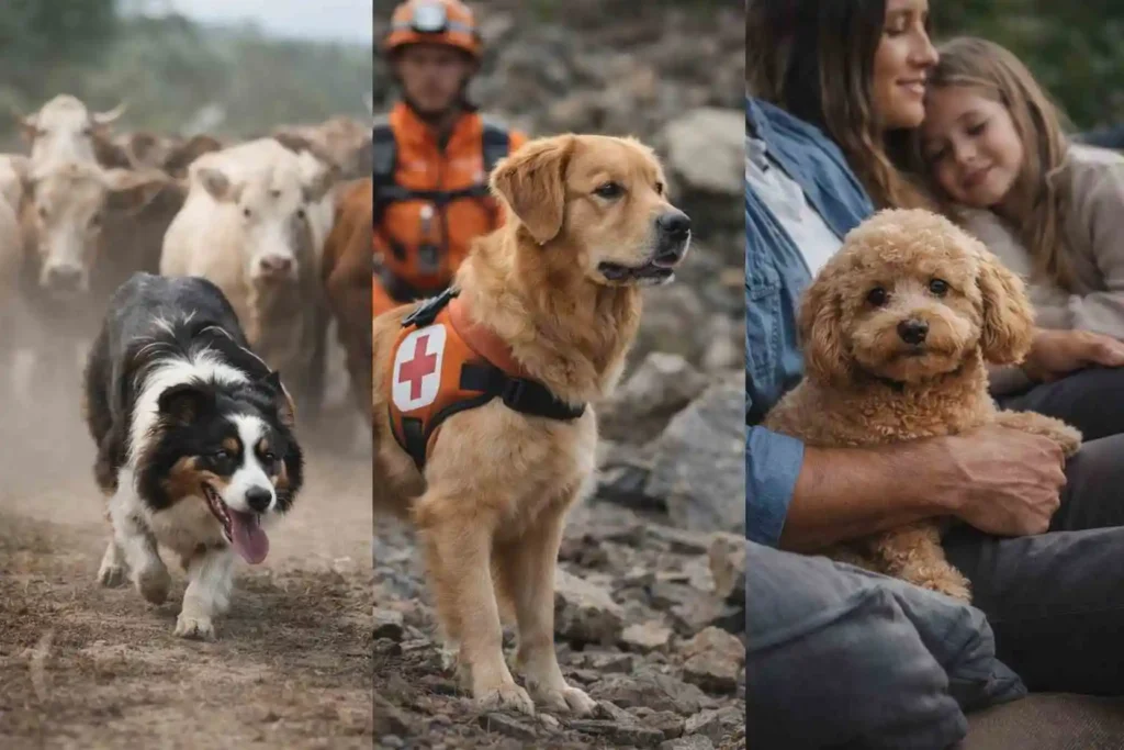 Perros realizando distintas funciones: trabajo, asistencia y compañía / Prohibir la cría de perros: consecuencias científicas y culturales sobre razas y mestizos