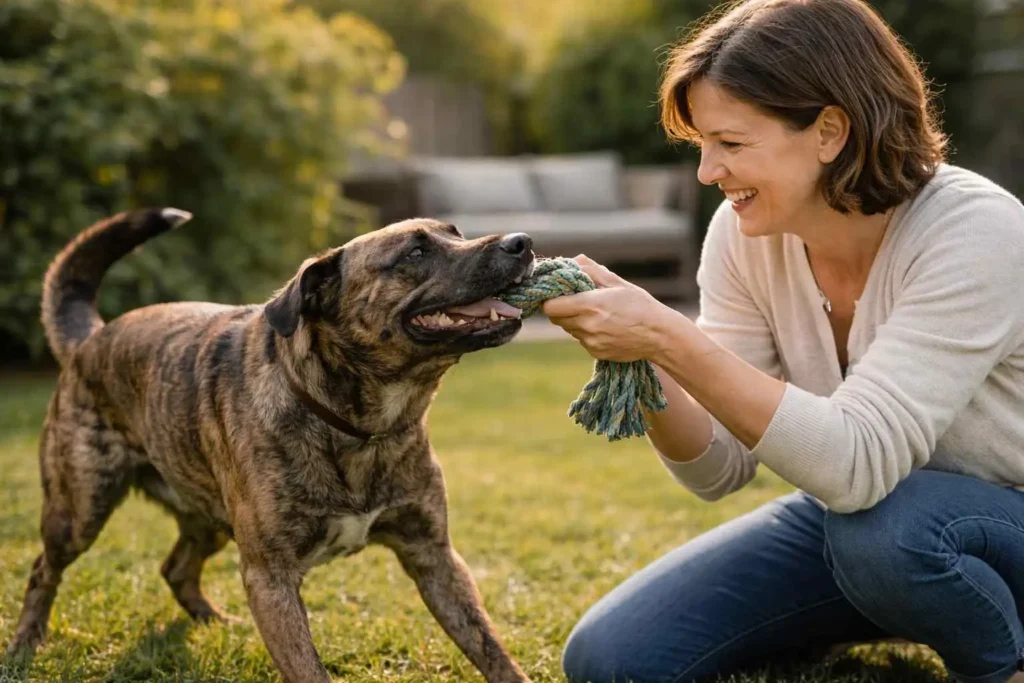 Persona jugando de forma supervisada con su perro mestizo usando un juguete, promoviendo juego responsable y bienestar canino / Bienestar canino