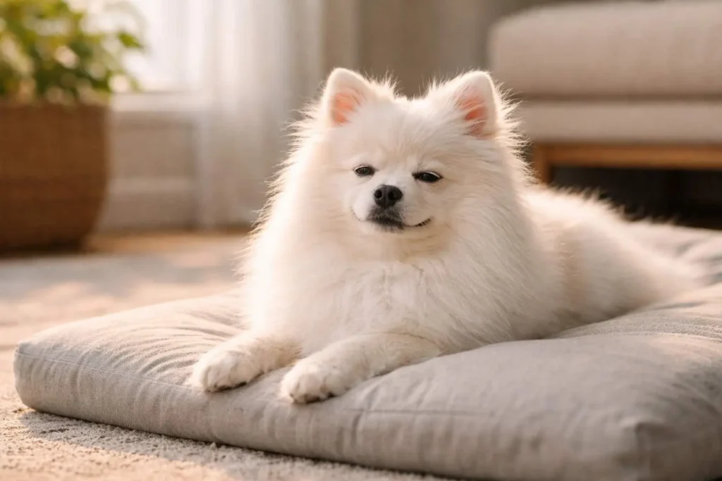 Perro Pomerania blanco descansando tranquilo en su espacio, sin estímulos ni objetos, en un ambiente limpio y armonioso que transmite equilibrio y bienestar / Bienestar canino