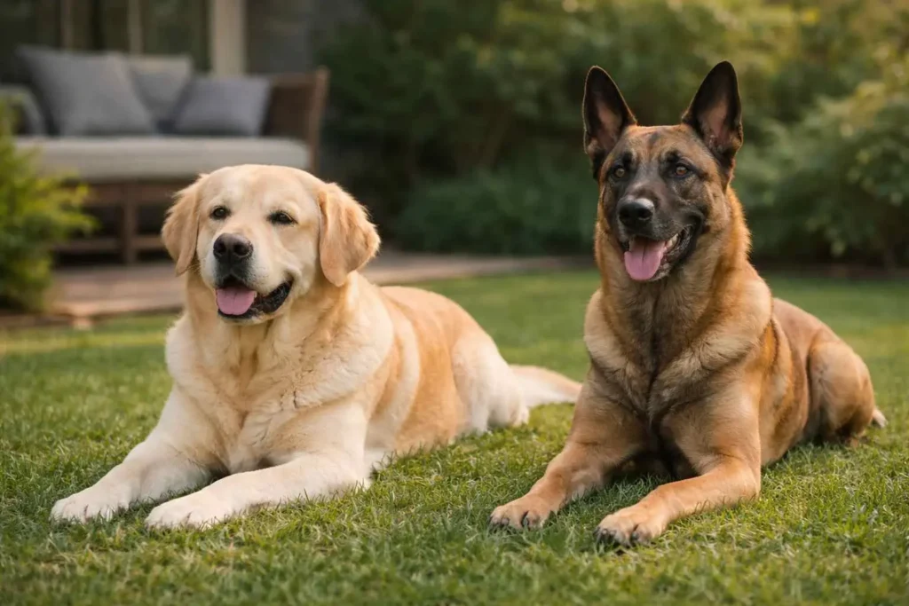 Golden Retriever relajado y Pastor Belga Malinois atento en el mismo espacio, mostrando diferentes perfiles de comportamiento en perros. / Bienestar canino