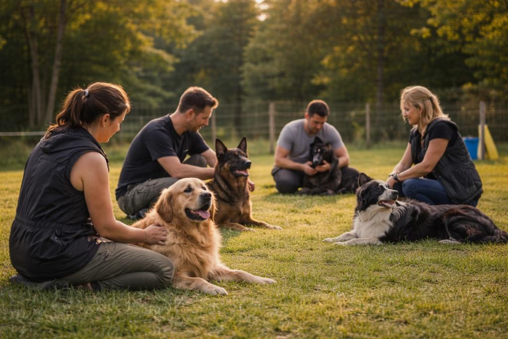 Personas y perros compartiendo una jornada de adiestramiento canino en un ambiente de camaradería y respeto