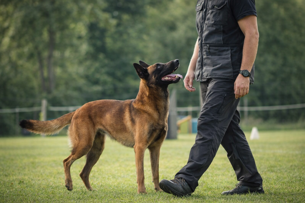 Perro realizando ejercicio de adiestramiento junto a su guía durante el Campeonato Oficial Argentino de Adiestramiento 2026