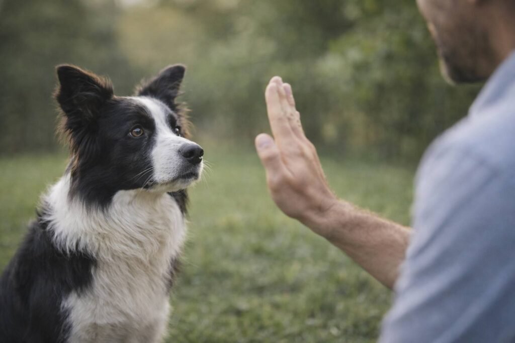 Perro Border Collie respondiendo a señal de guía en clase de comportamiento canino / Curso de Comportamiento de Razas Caninas