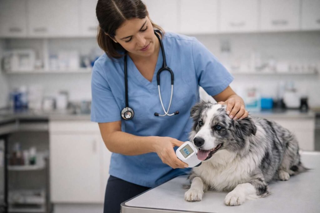 Veterinario evaluando perro con microchip para registro inicial canino / registro inicial canino