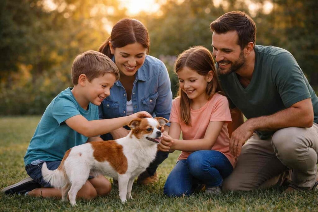 Familia con perro de raza en hogar representando crianza responsable y registro oficial canino