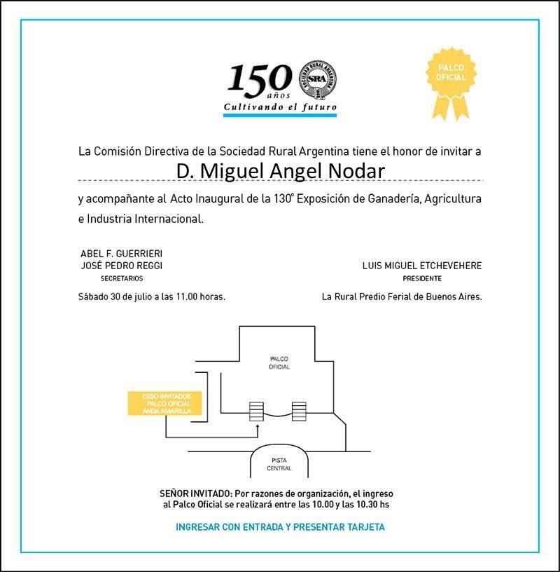 Invitación por los 150 años de la Sociedad Rural Argentina