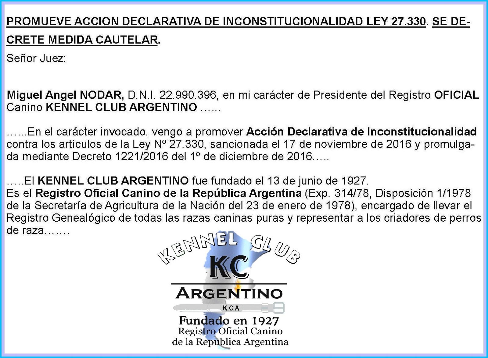 Comunicado oficial sobre acción judicial