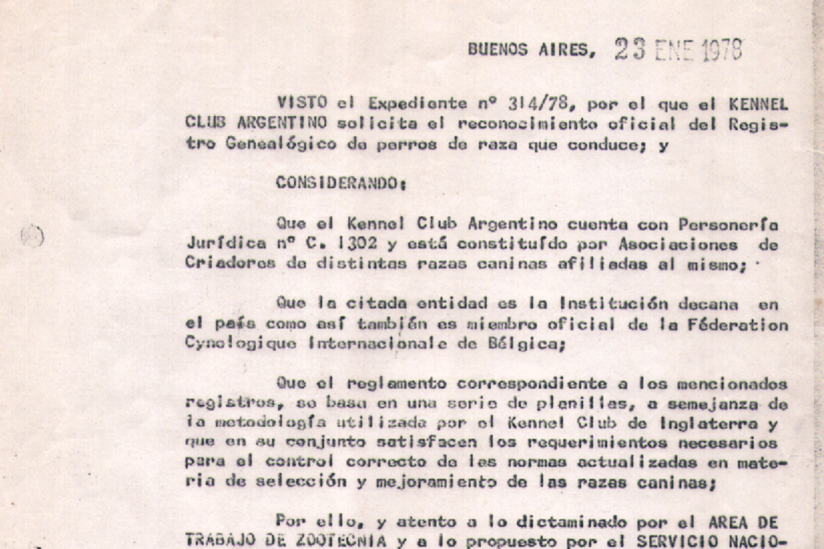 Resolución oficial de reconocimiento del Kennel Club Argentino de 1978