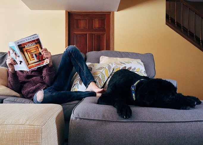 Persona descansando en casa junto a su perro