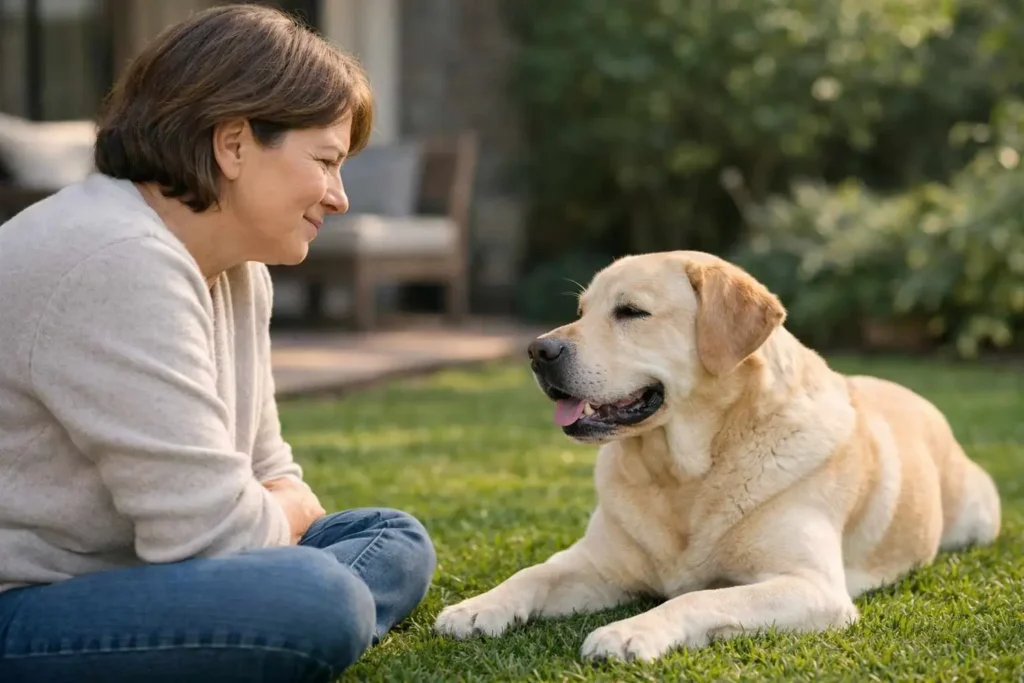 Persona observando tranquilamente a su perro Labrador Retriever relajado en un jardín, representando bienestar canino y cuidado responsable / Bienestar canino
