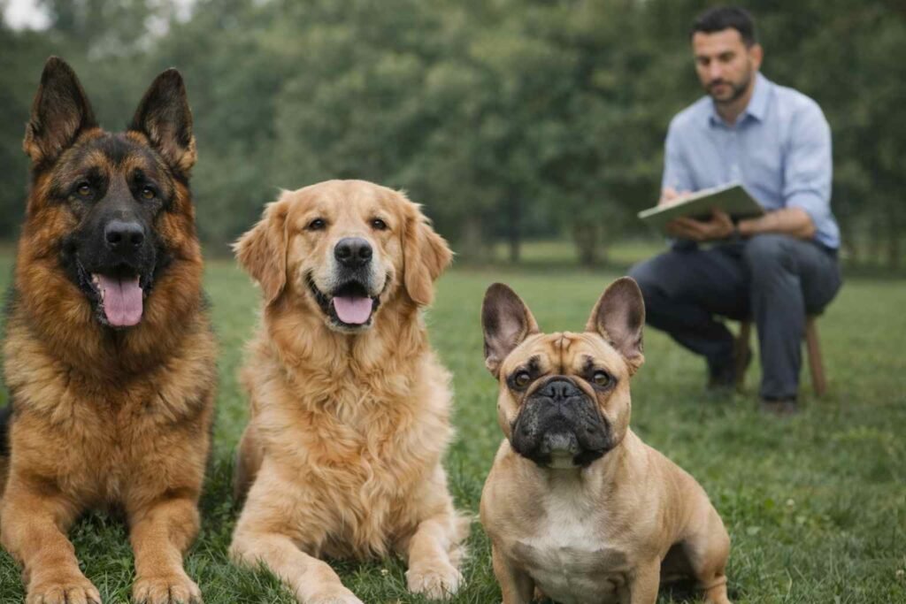 Perros de distintas razas siendo observados por profesional en curso de comportamiento de razas caninas del Kennel Club Argentino